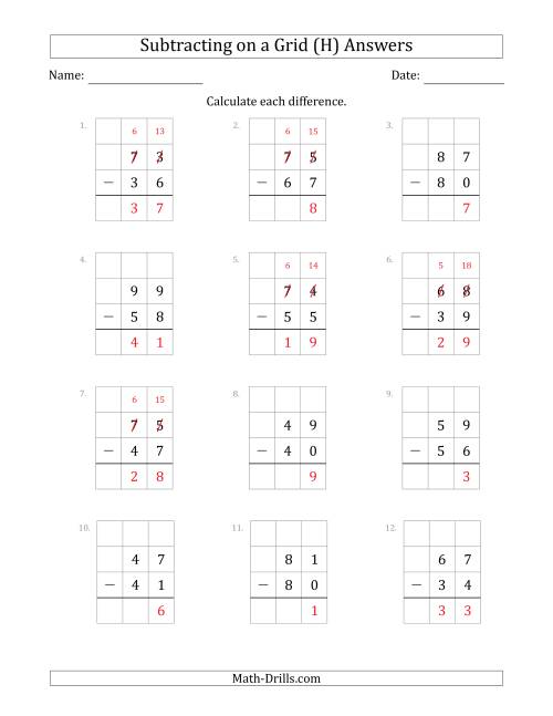 The Subtracting 2-Digit Numbers from 2-Digit Numbers With Grid Support (H) Math Worksheet Page 2