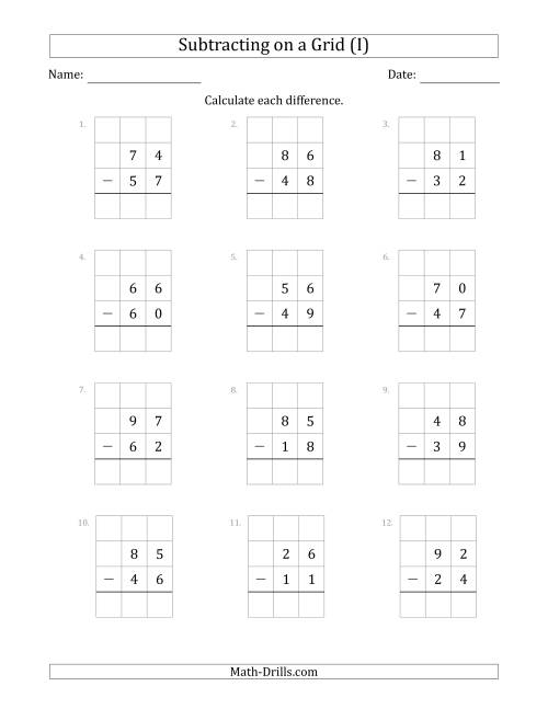 The Subtracting 2-Digit Numbers from 2-Digit Numbers With Grid Support (I) Math Worksheet