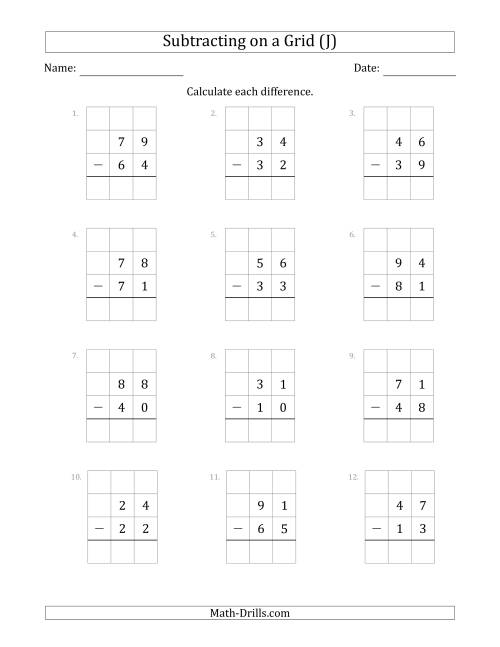The Subtracting 2-Digit Numbers from 2-Digit Numbers With Grid Support (J) Math Worksheet