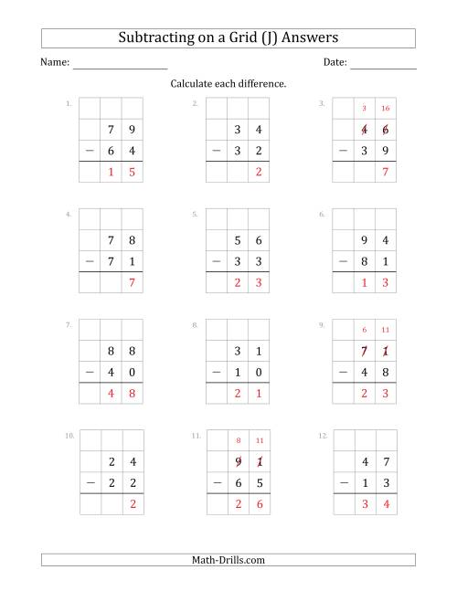 The Subtracting 2-Digit Numbers from 2-Digit Numbers With Grid Support (J) Math Worksheet Page 2