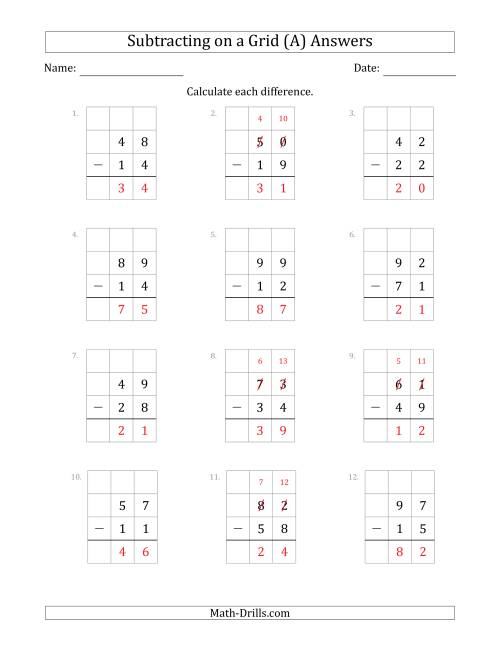 The Subtracting 2-Digit Numbers from 2-Digit Numbers With Grid Support (All) Math Worksheet Page 2