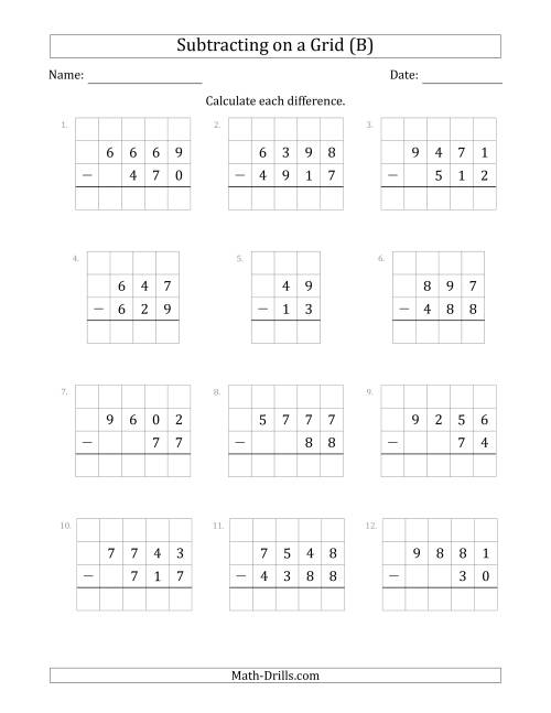 The Subtracting 2- to 4-Digit Numbers from 2- to 4-Digit Numbers With Grid Support (B) Math Worksheet