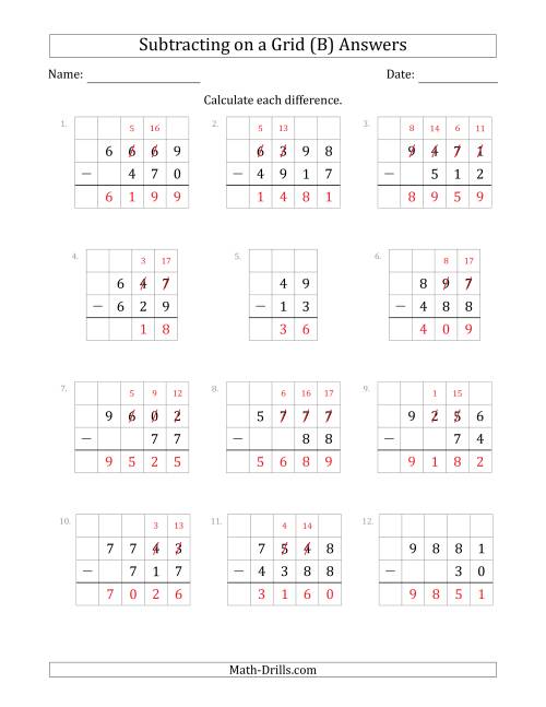 The Subtracting 2- to 4-Digit Numbers from 2- to 4-Digit Numbers With Grid Support (B) Math Worksheet Page 2