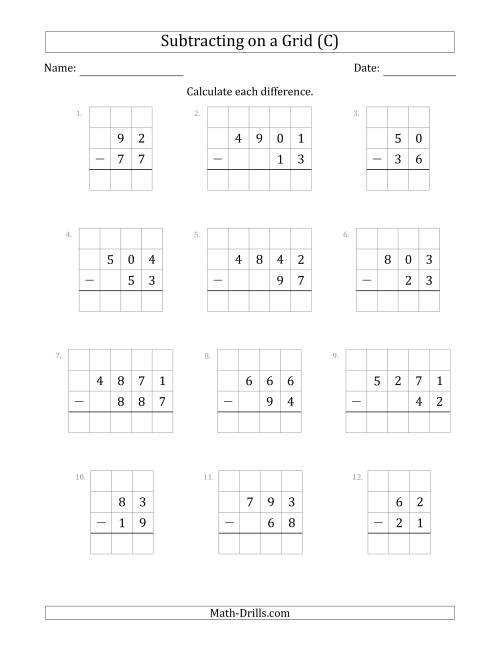 The Subtracting 2- to 4-Digit Numbers from 2- to 4-Digit Numbers With Grid Support (C) Math Worksheet