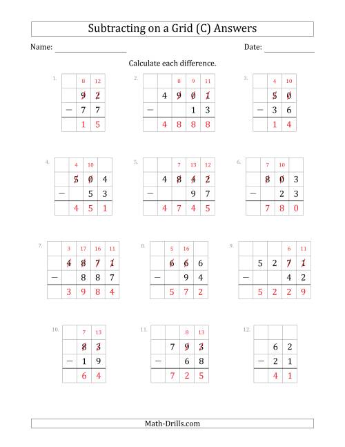 The Subtracting 2- to 4-Digit Numbers from 2- to 4-Digit Numbers With Grid Support (C) Math Worksheet Page 2