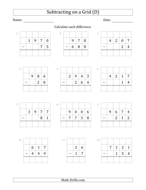 The Subtracting 2- to 4-Digit Numbers from 2- to 4-Digit Numbers With Grid Support (D) Math Worksheet