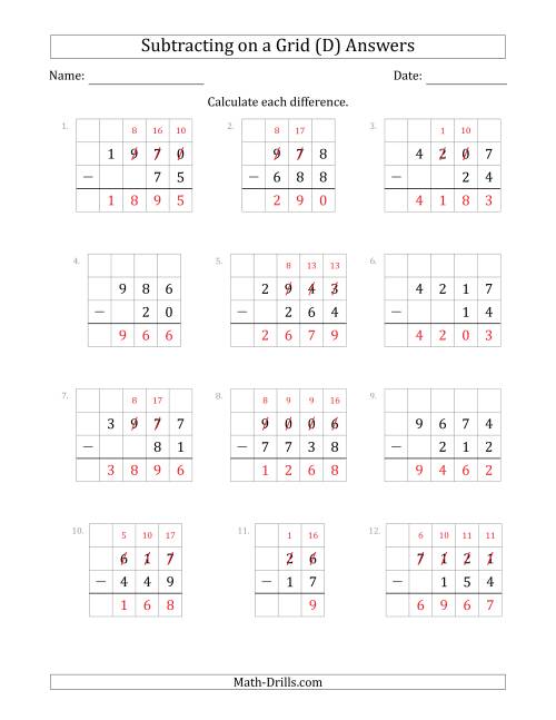 The Subtracting 2- to 4-Digit Numbers from 2- to 4-Digit Numbers With Grid Support (D) Math Worksheet Page 2