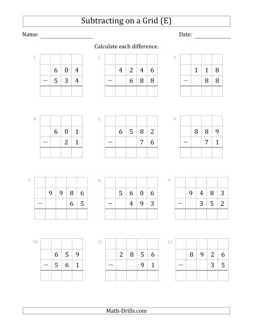 The Subtracting 2- to 4-Digit Numbers from 2- to 4-Digit Numbers With Grid Support (E) Math Worksheet