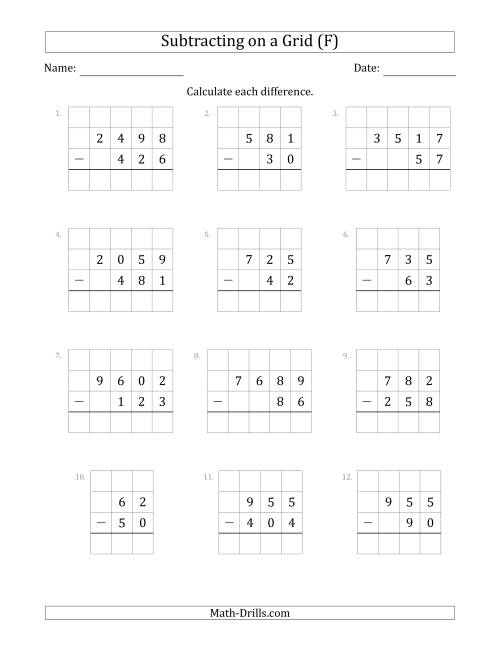 The Subtracting 2- to 4-Digit Numbers from 2- to 4-Digit Numbers With Grid Support (F) Math Worksheet