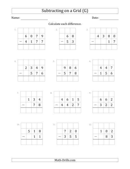 The Subtracting 2- to 4-Digit Numbers from 2- to 4-Digit Numbers With Grid Support (G) Math Worksheet