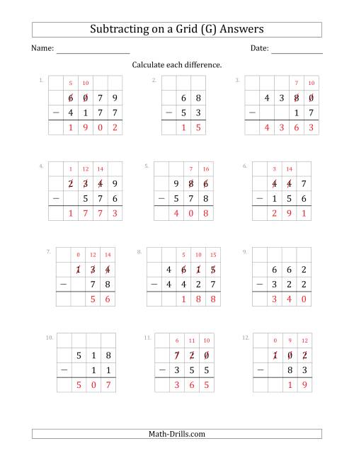 The Subtracting 2- to 4-Digit Numbers from 2- to 4-Digit Numbers With Grid Support (G) Math Worksheet Page 2