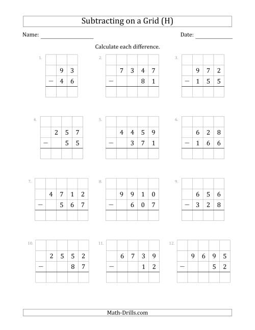 The Subtracting 2- to 4-Digit Numbers from 2- to 4-Digit Numbers With Grid Support (H) Math Worksheet