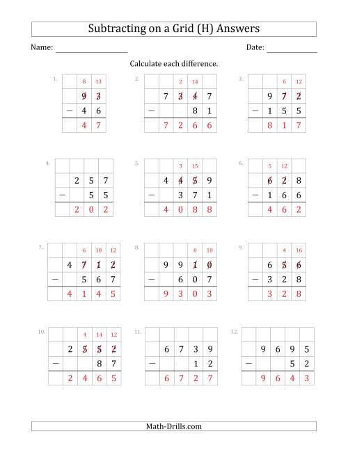 The Subtracting 2- to 4-Digit Numbers from 2- to 4-Digit Numbers With Grid Support (H) Math Worksheet Page 2