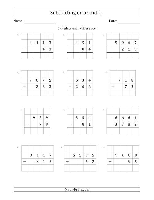 The Subtracting 2- to 4-Digit Numbers from 2- to 4-Digit Numbers With Grid Support (I) Math Worksheet