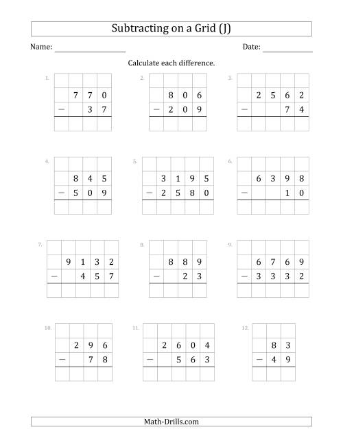 The Subtracting 2- to 4-Digit Numbers from 2- to 4-Digit Numbers With Grid Support (J) Math Worksheet