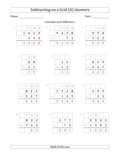 The Subtracting 2- to 4-Digit Numbers from 2- to 4-Digit Numbers With Grid Support (All) Math Worksheet Page 2