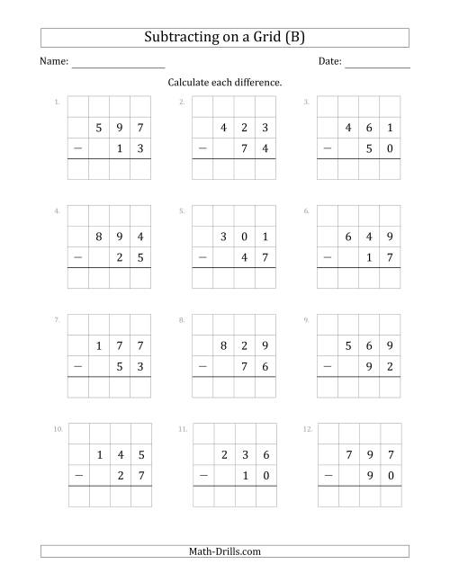 The Subtracting 2-Digit Numbers from 3-Digit Numbers With Grid Support (B) Math Worksheet