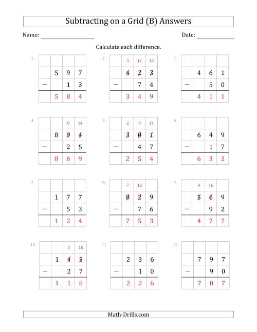 The Subtracting 2-Digit Numbers from 3-Digit Numbers With Grid Support (B) Math Worksheet Page 2