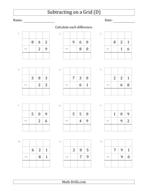 The Subtracting 2-Digit Numbers from 3-Digit Numbers With Grid Support (D) Math Worksheet