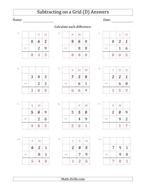 The Subtracting 2-Digit Numbers from 3-Digit Numbers With Grid Support (D) Math Worksheet Page 2