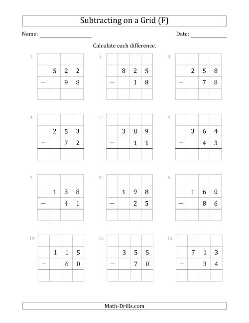 The Subtracting 2-Digit Numbers from 3-Digit Numbers With Grid Support (F) Math Worksheet