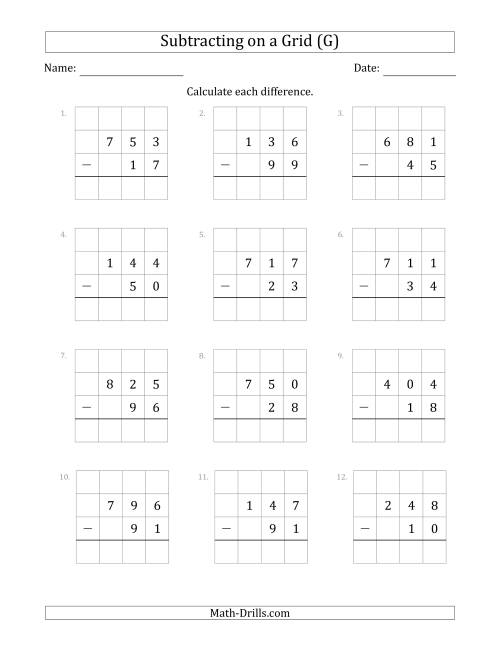 The Subtracting 2-Digit Numbers from 3-Digit Numbers With Grid Support (G) Math Worksheet