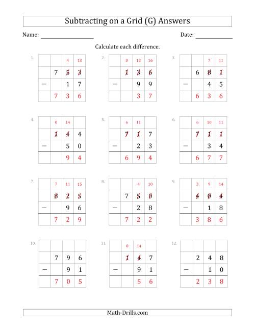 The Subtracting 2-Digit Numbers from 3-Digit Numbers With Grid Support (G) Math Worksheet Page 2