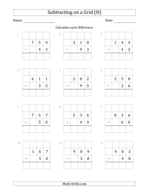 The Subtracting 2-Digit Numbers from 3-Digit Numbers With Grid Support (H) Math Worksheet