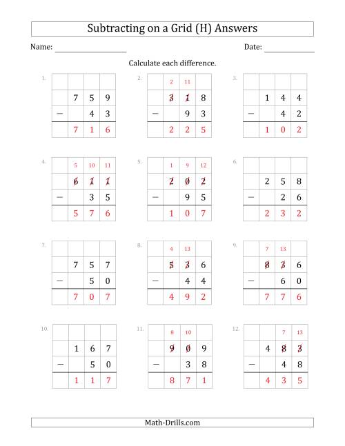 The Subtracting 2-Digit Numbers from 3-Digit Numbers With Grid Support (H) Math Worksheet Page 2