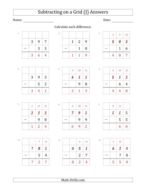 The Subtracting 2-Digit Numbers from 3-Digit Numbers With Grid Support (J) Math Worksheet Page 2