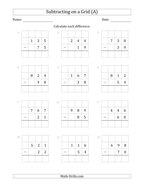 The Subtracting 2-Digit Numbers from 3-Digit Numbers With Grid Support (All) Math Worksheet