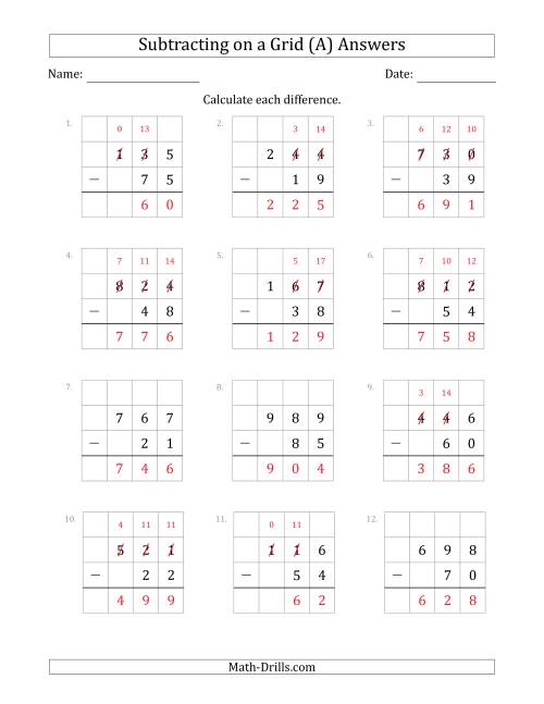 The Subtracting 2-Digit Numbers from 3-Digit Numbers With Grid Support (All) Math Worksheet Page 2