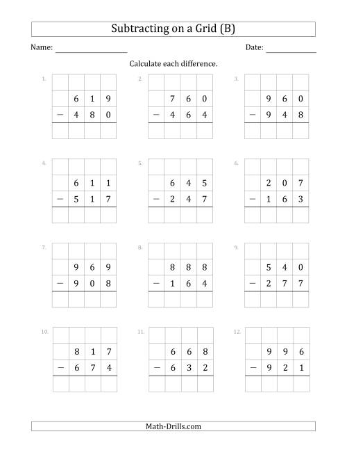The Subtracting 3-Digit Numbers from 3-Digit Numbers With Grid Support (B) Math Worksheet