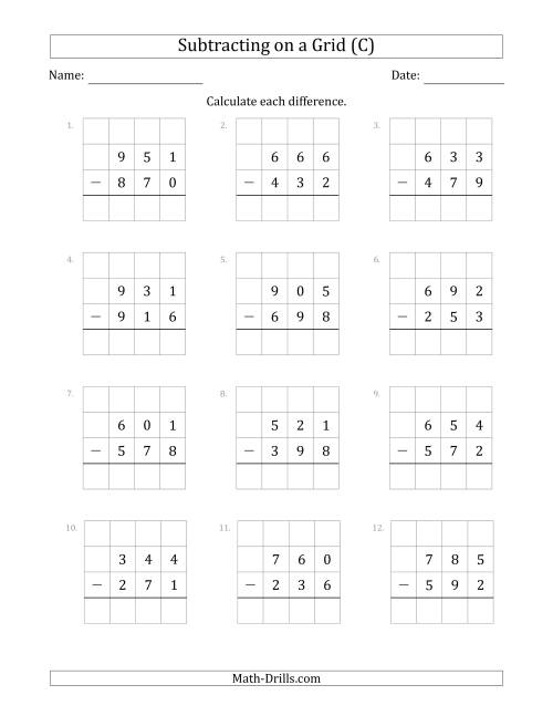 The Subtracting 3-Digit Numbers from 3-Digit Numbers With Grid Support (C) Math Worksheet