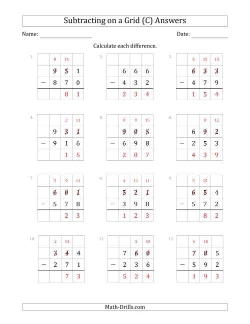 The Subtracting 3-Digit Numbers from 3-Digit Numbers With Grid Support (C) Math Worksheet Page 2