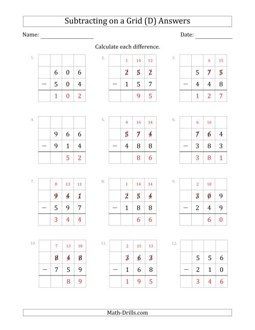 The Subtracting 3-Digit Numbers from 3-Digit Numbers With Grid Support (D) Math Worksheet Page 2