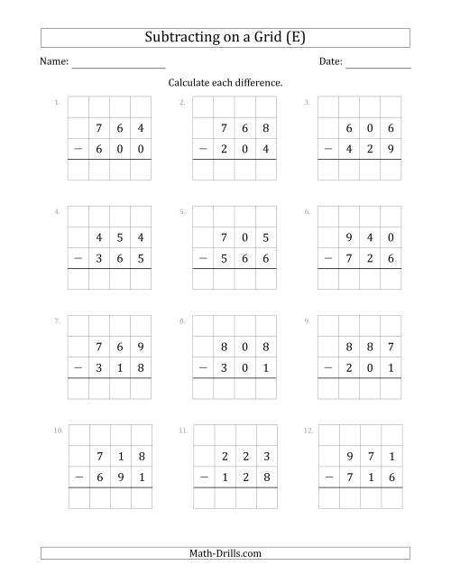 The Subtracting 3-Digit Numbers from 3-Digit Numbers With Grid Support (E) Math Worksheet