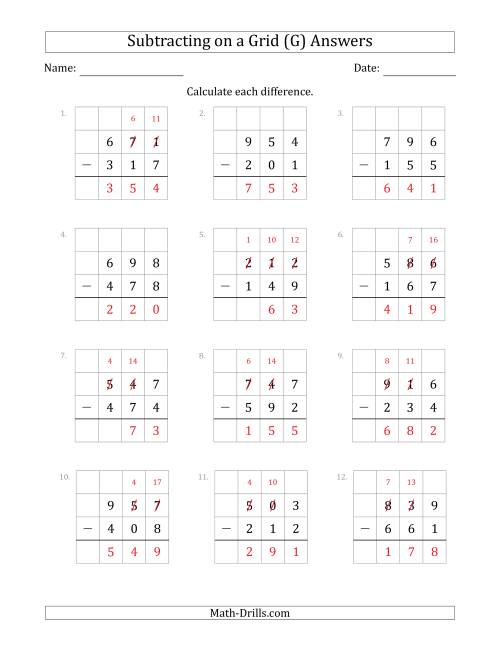 The Subtracting 3-Digit Numbers from 3-Digit Numbers With Grid Support (G) Math Worksheet Page 2