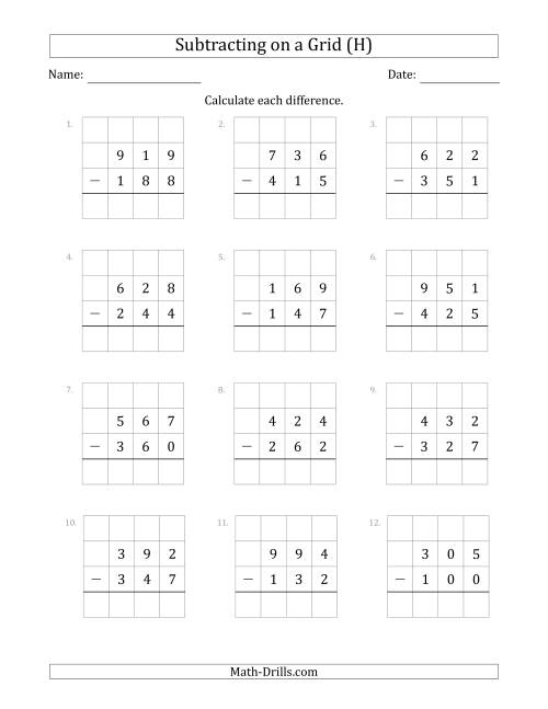 The Subtracting 3-Digit Numbers from 3-Digit Numbers With Grid Support (H) Math Worksheet