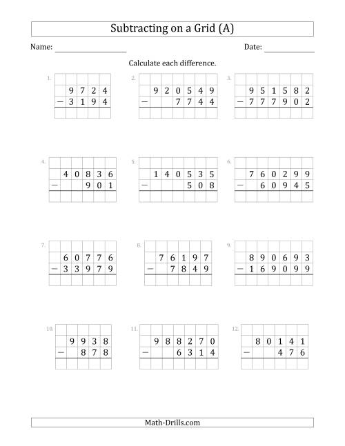 The Subtracting 3- to 6-Digit Numbers from 3- to 6-Digit Numbers With Grid Support (A) Math Worksheet