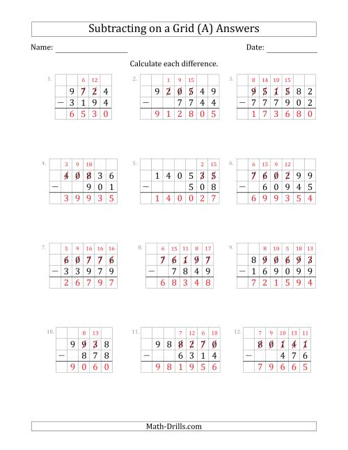 The Subtracting 3- to 6-Digit Numbers from 3- to 6-Digit Numbers With Grid Support (A) Math Worksheet Page 2