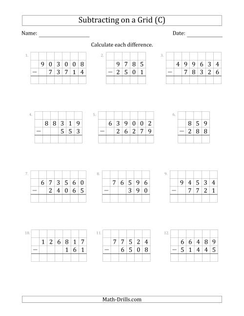 The Subtracting 3- to 6-Digit Numbers from 3- to 6-Digit Numbers With Grid Support (C) Math Worksheet