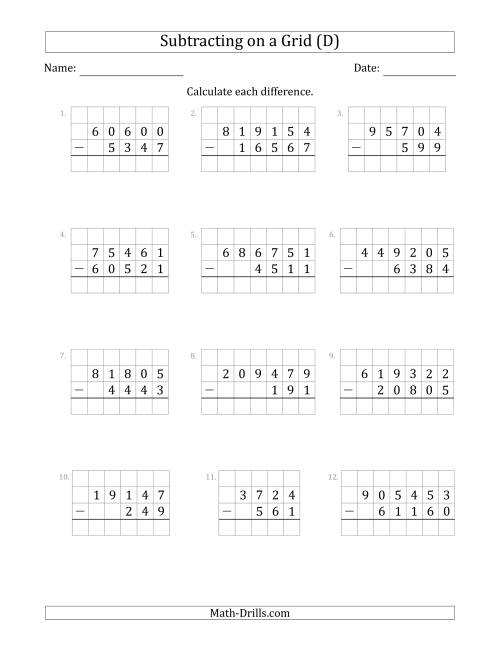 The Subtracting 3- to 6-Digit Numbers from 3- to 6-Digit Numbers With Grid Support (D) Math Worksheet