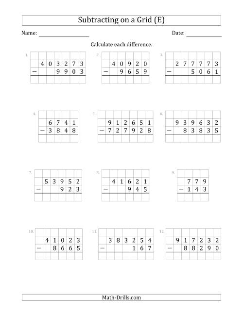 The Subtracting 3- to 6-Digit Numbers from 3- to 6-Digit Numbers With Grid Support (E) Math Worksheet