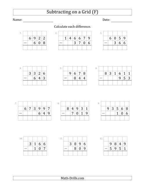 The Subtracting 3- to 6-Digit Numbers from 3- to 6-Digit Numbers With Grid Support (F) Math Worksheet