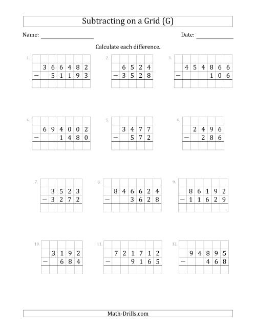 The Subtracting 3- to 6-Digit Numbers from 3- to 6-Digit Numbers With Grid Support (G) Math Worksheet