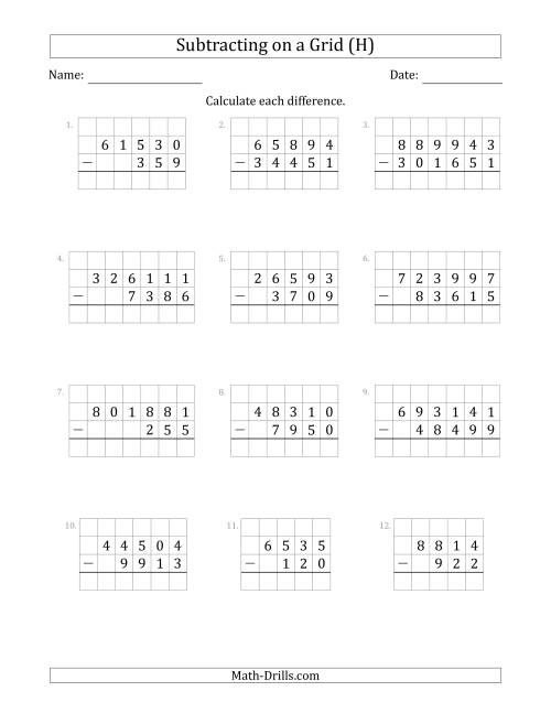 The Subtracting 3- to 6-Digit Numbers from 3- to 6-Digit Numbers With Grid Support (H) Math Worksheet
