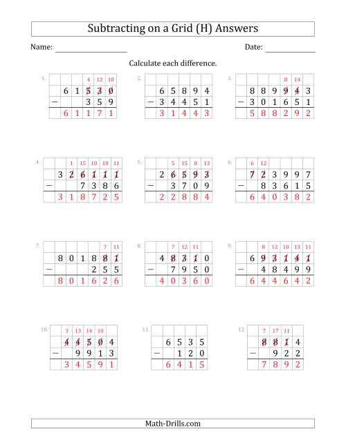 The Subtracting 3- to 6-Digit Numbers from 3- to 6-Digit Numbers With Grid Support (H) Math Worksheet Page 2
