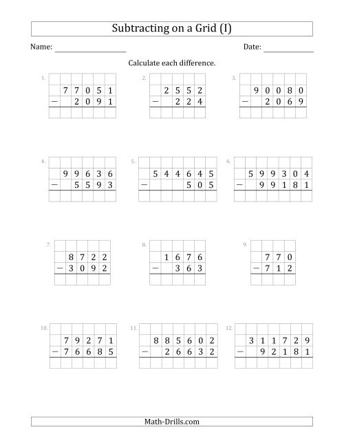 The Subtracting 3- to 6-Digit Numbers from 3- to 6-Digit Numbers With Grid Support (I) Math Worksheet