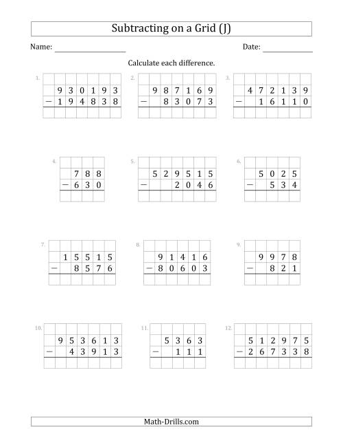 The Subtracting 3- to 6-Digit Numbers from 3- to 6-Digit Numbers With Grid Support (J) Math Worksheet